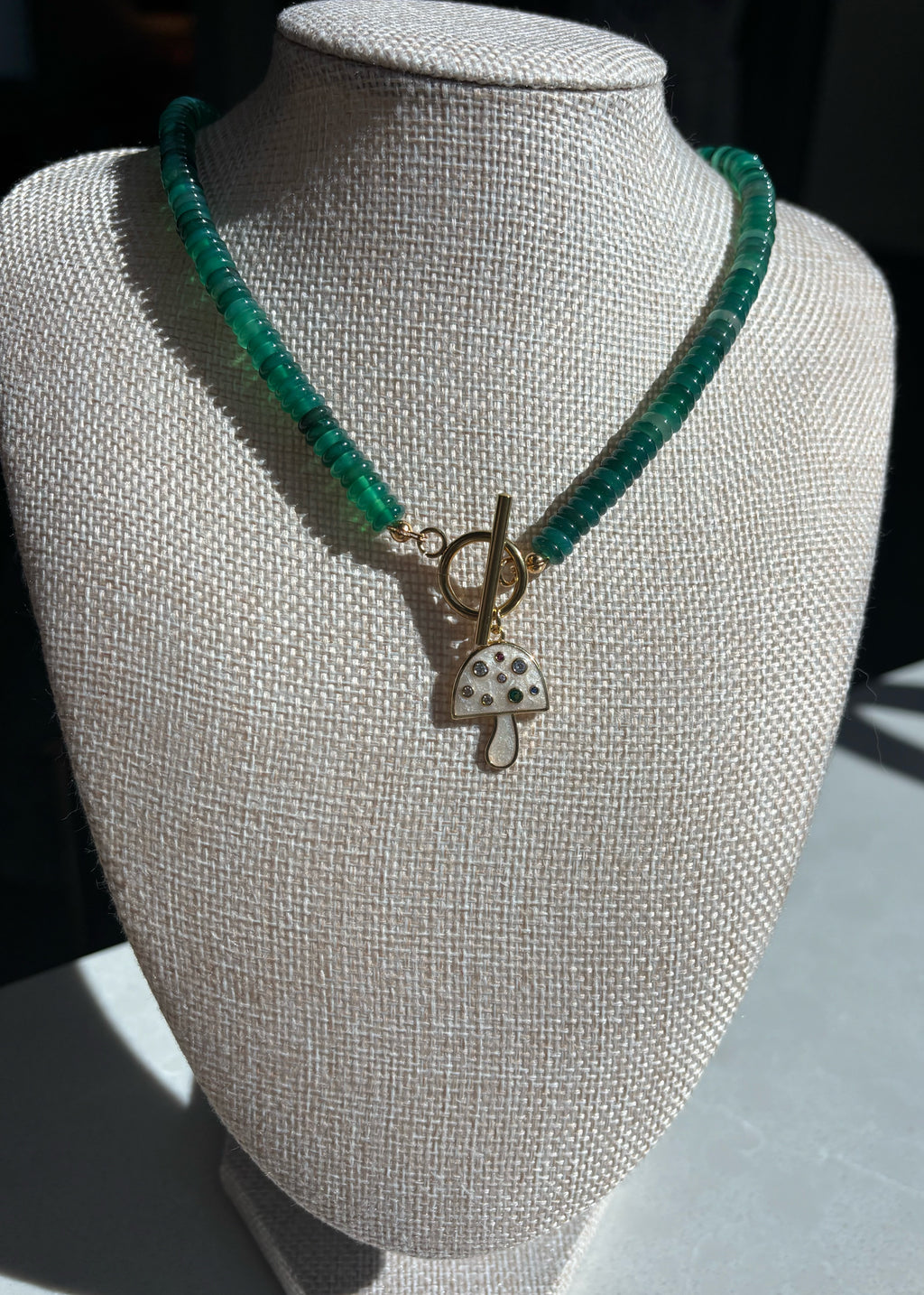 Green Agate Rondelle Necklace with Mushroom Pendant