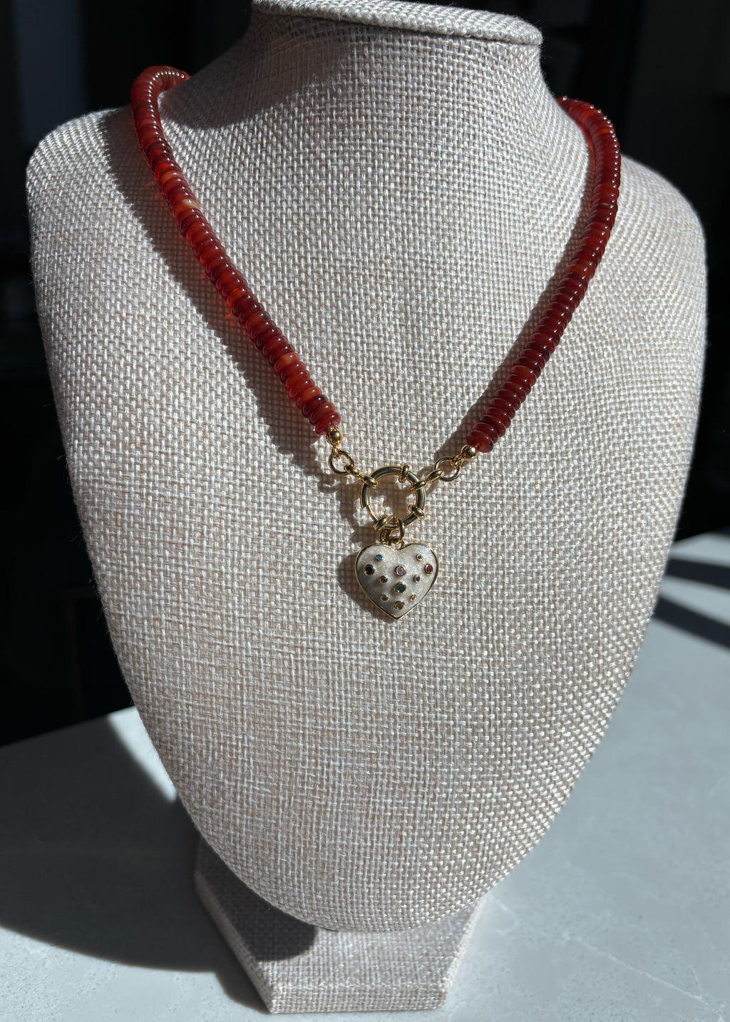 Red Agate Rondelle Necklace with Heart Pendant