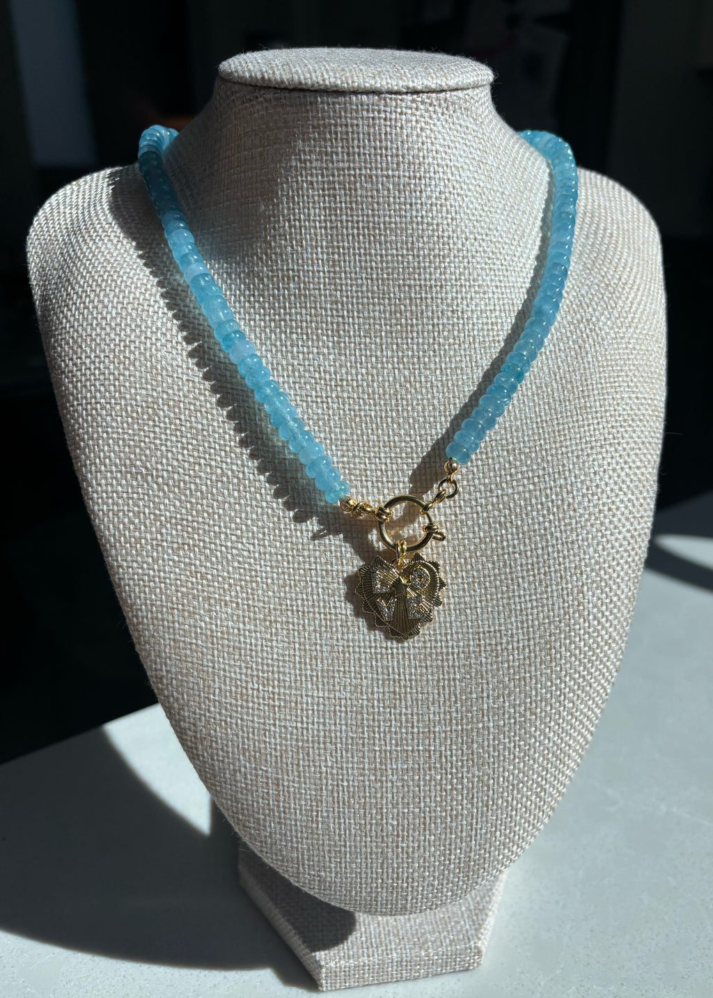 Aquamarine Rondelle Necklace with LOVE Heart Pendant