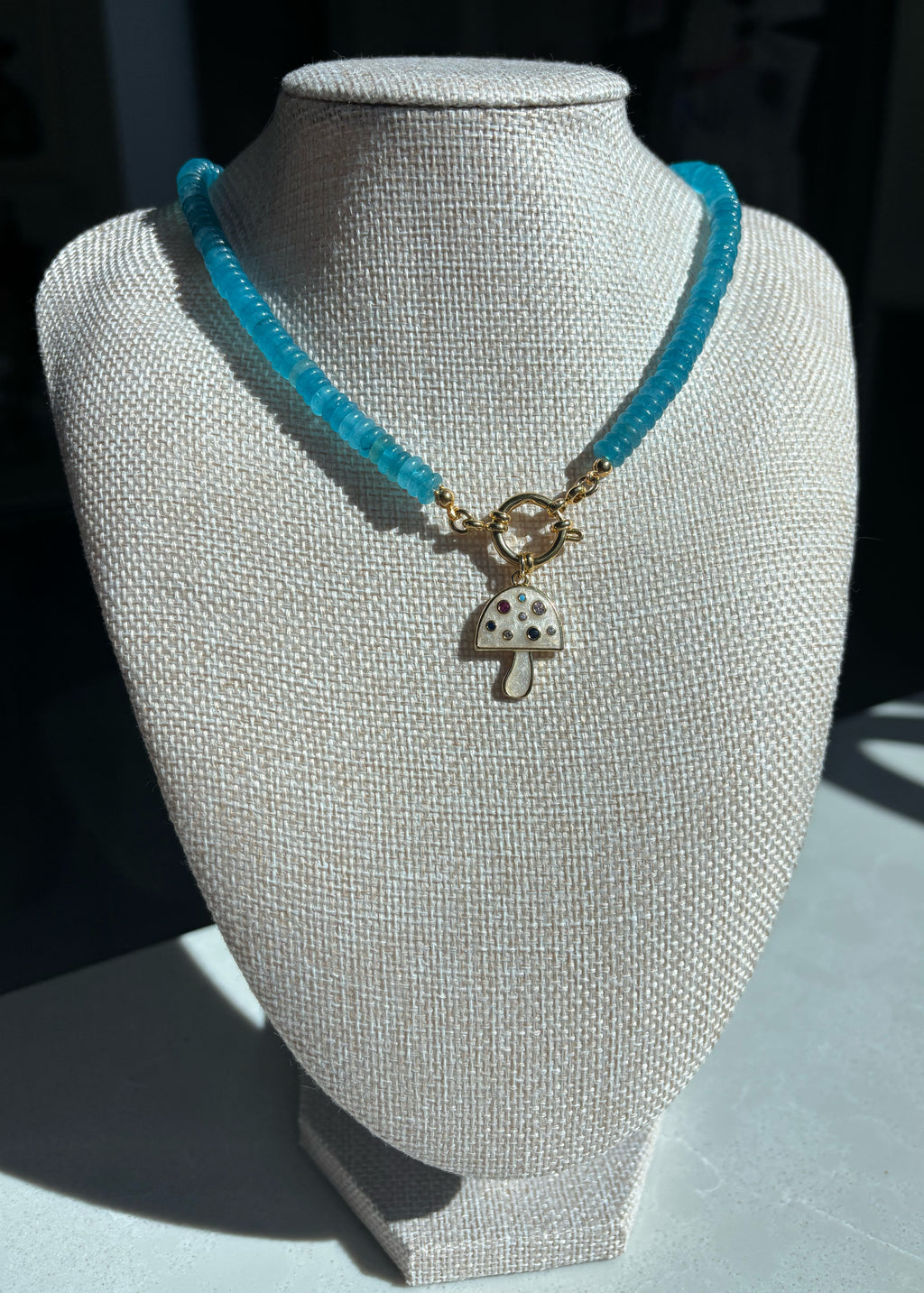 Blue Jade Abacus Rondelle Necklace with Mushroom Pendant