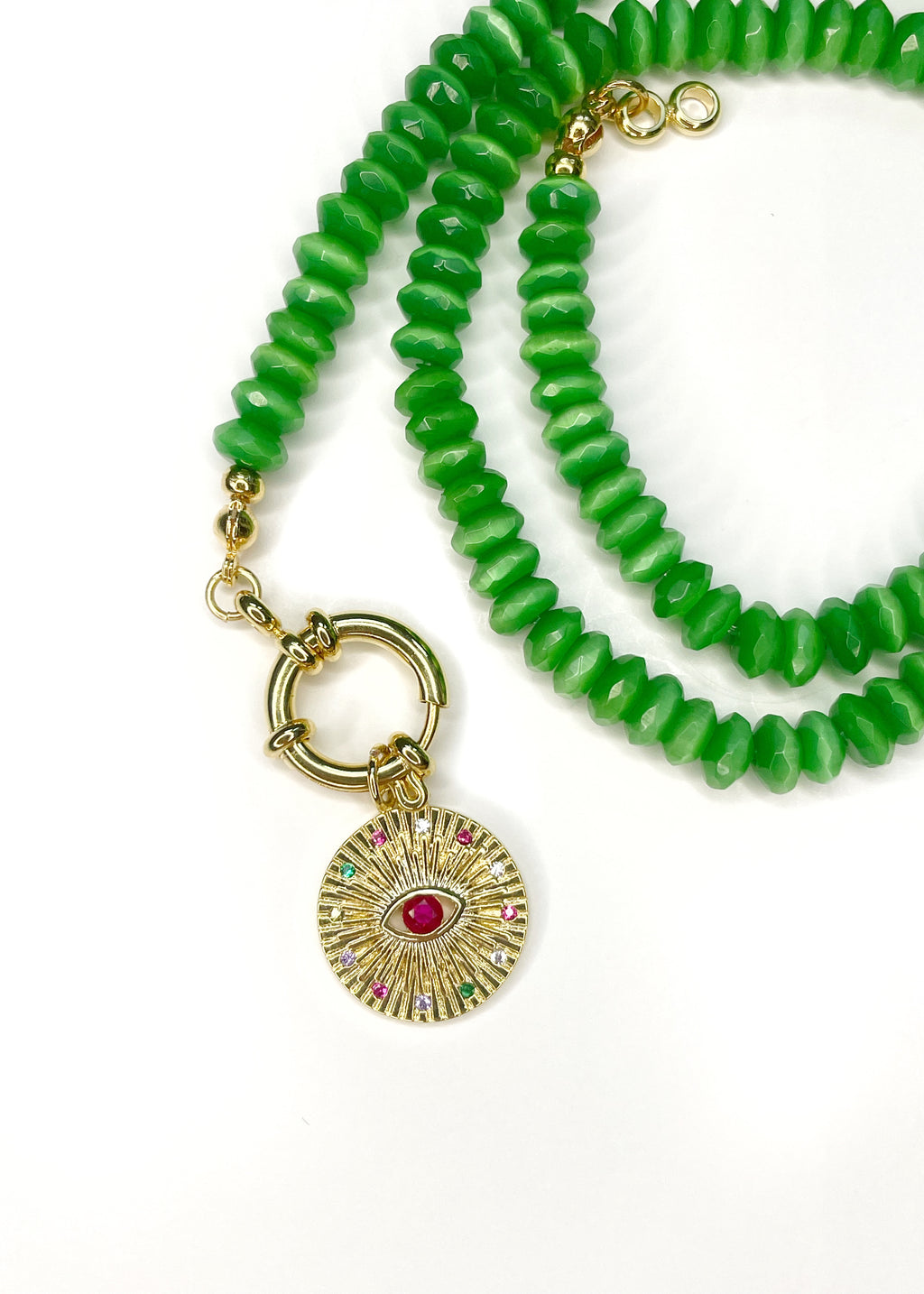 Green Cat Eye Optic Glass Rondelle Necklace with Evil Eye Medallion